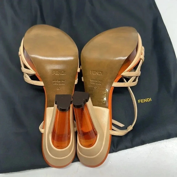 Fendi High Heel Pumps Shoes Ankle Strap Leather Designer Orange Tan Size 37 6.5 - Picture 11 of 14